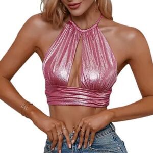 NWOT Metallic Pink Ruched Cut Halter Neck Crop Top- Double Crazy Sz M